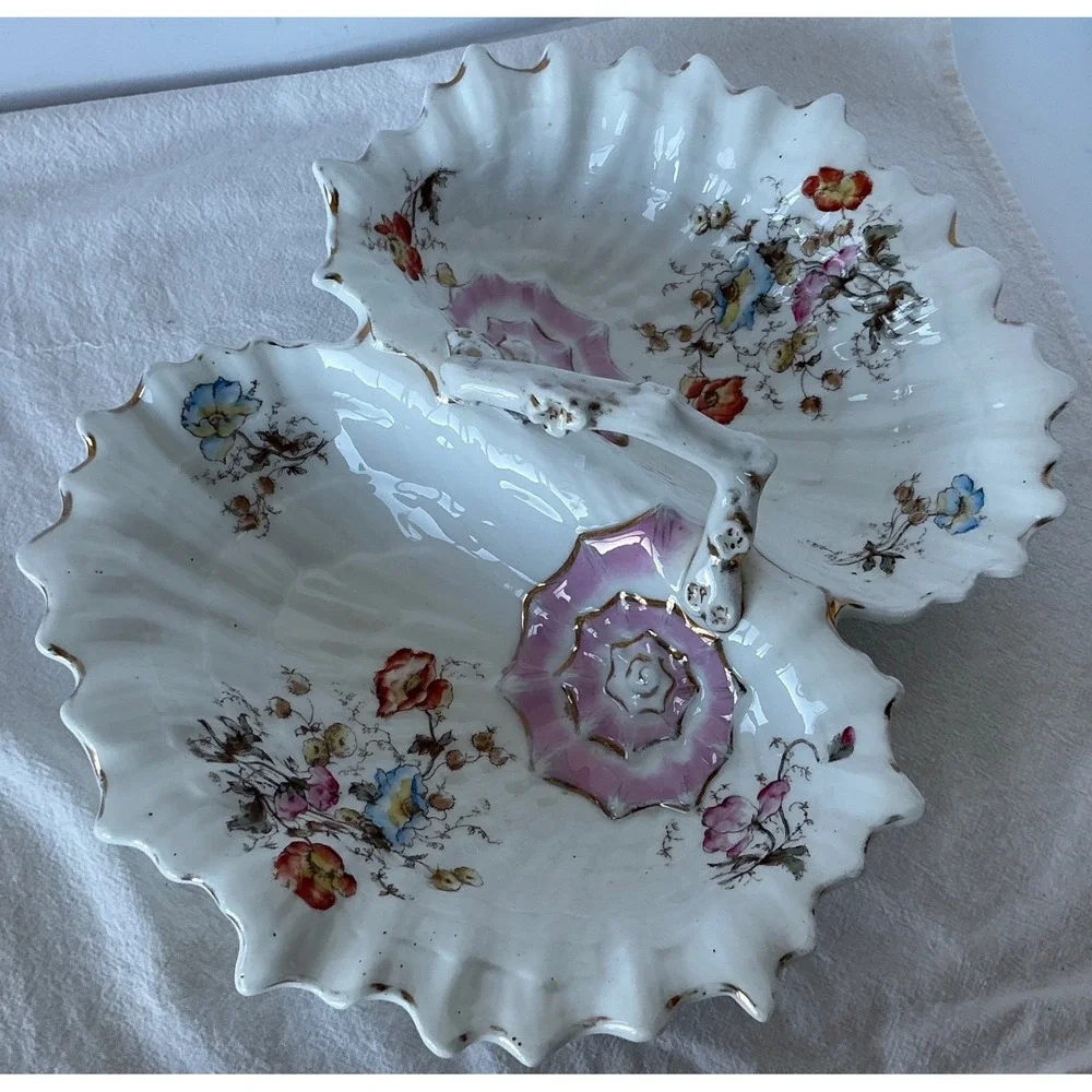 Vintage‎ Porcelain Double Shell Serving Dish Floral Gold Gilt Large